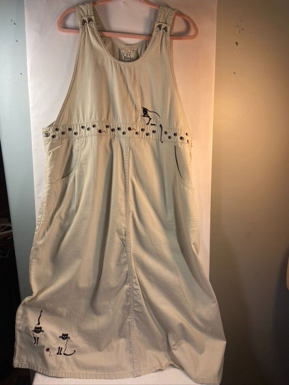 CJ BANKS WOMENS 18 W COTTON TAN SLEEVELESS TANK DRESS WITH CATS MIDI